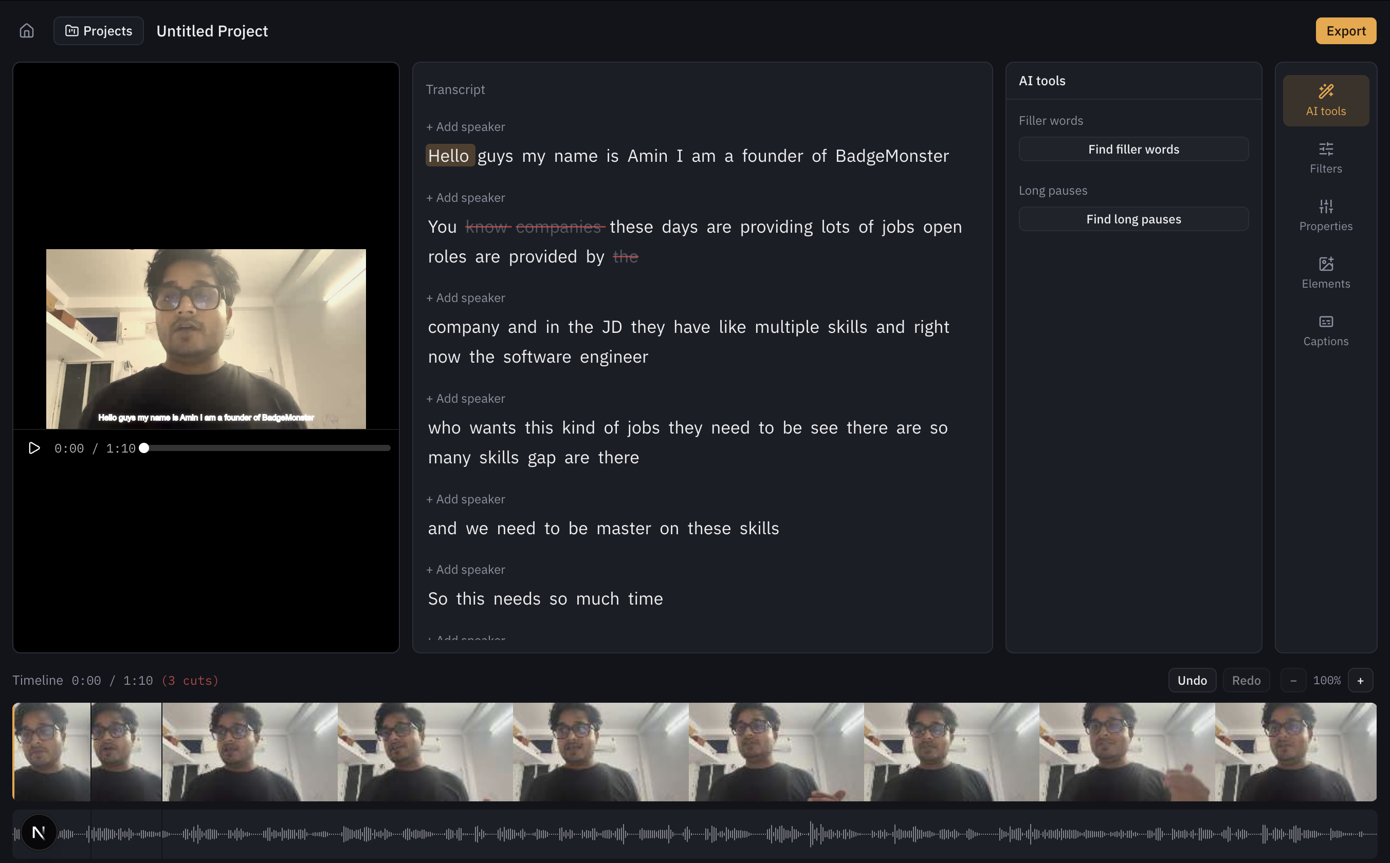 AI tools panel with Find filler words and Find long pauses buttons