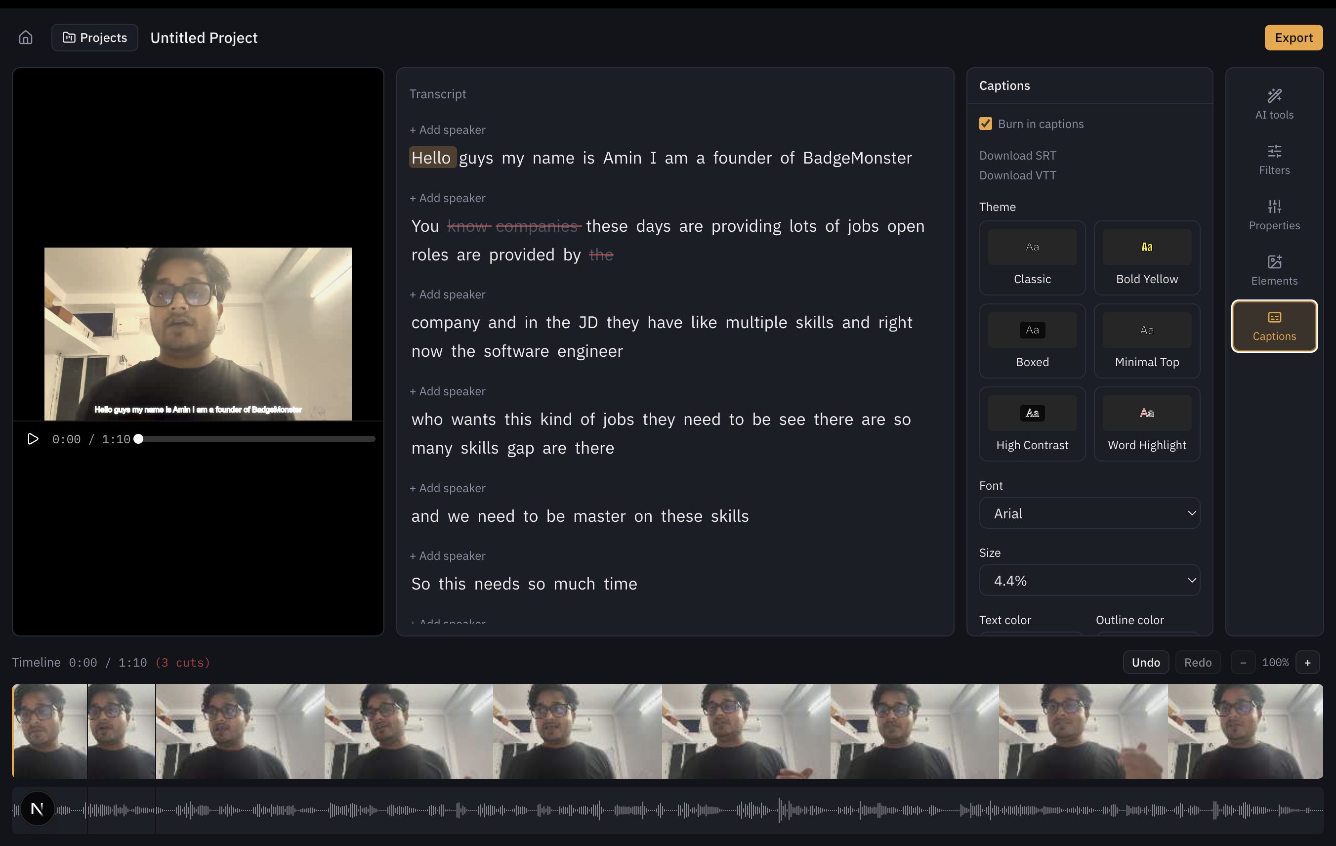 Editor view with video preview, transcript panel showing cuts, and a frame-thumbnail timeline